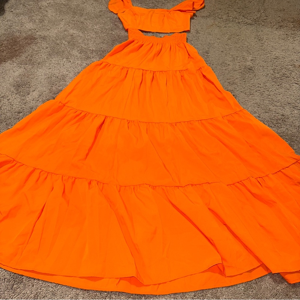 Orange Ruffle Top & Bottom Orange 2-piece Dress Skirt Crop Short Sleeve NWOT - Picture 3 of 3